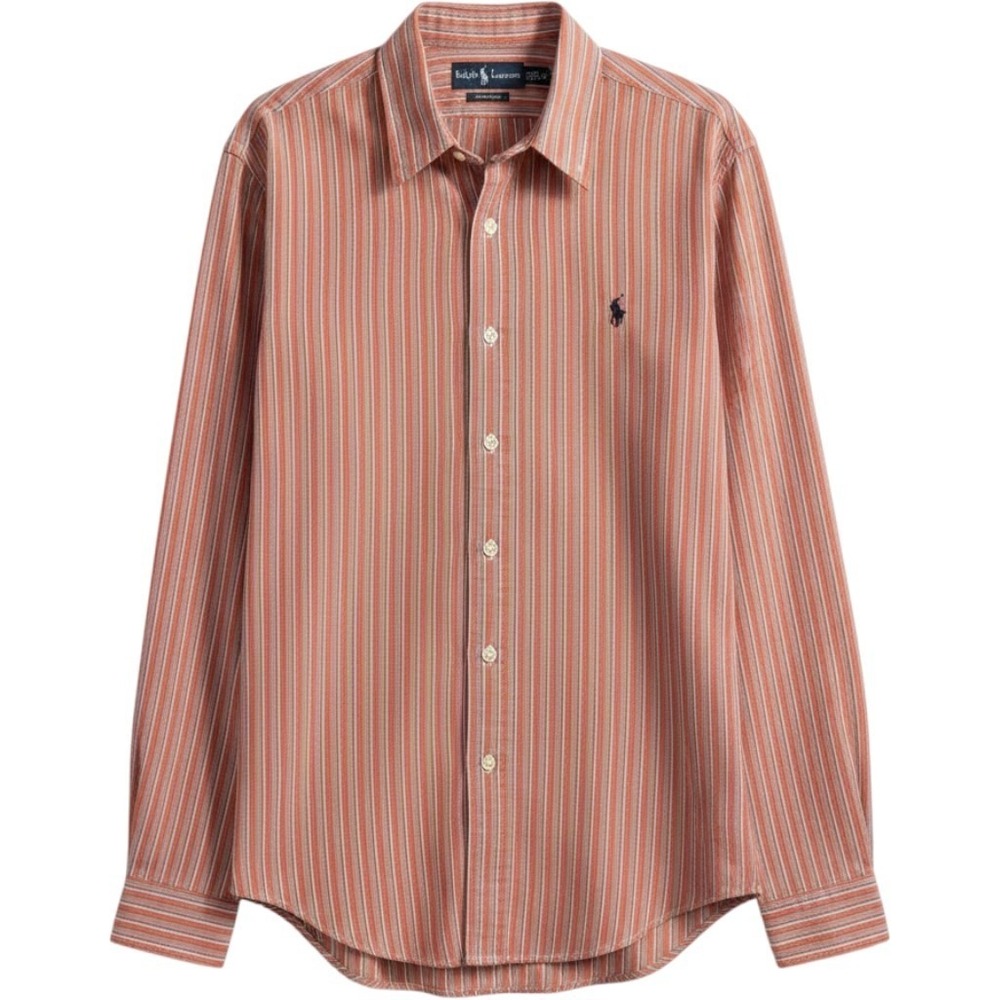 Ralph Lauren Mens Custom Fit Striped Button Down Shirt Orange Purple Large